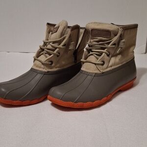 Sperry Tan and Gray Rain Boots with Orange Soles